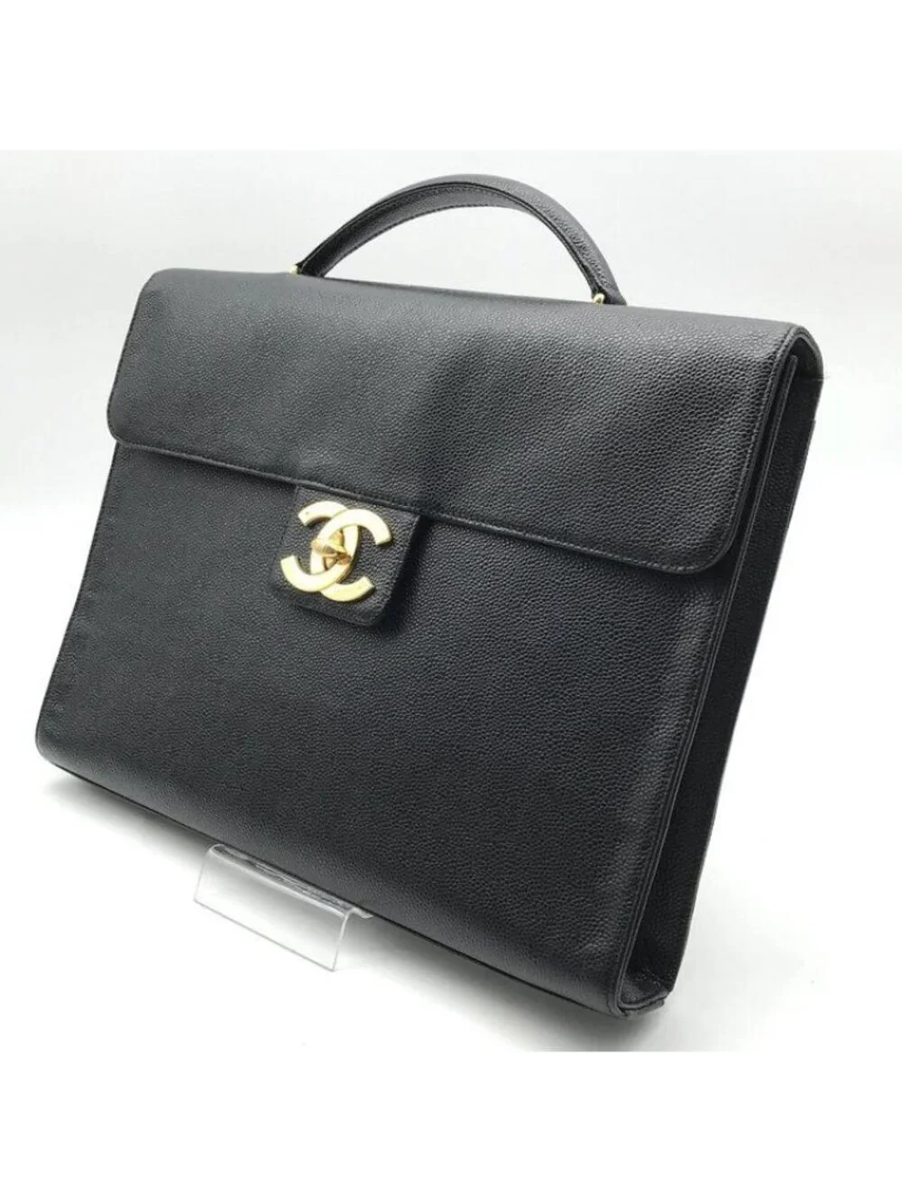 Chanel CC Logo Turnlock Caviar Leather Business Hand Bag Black
